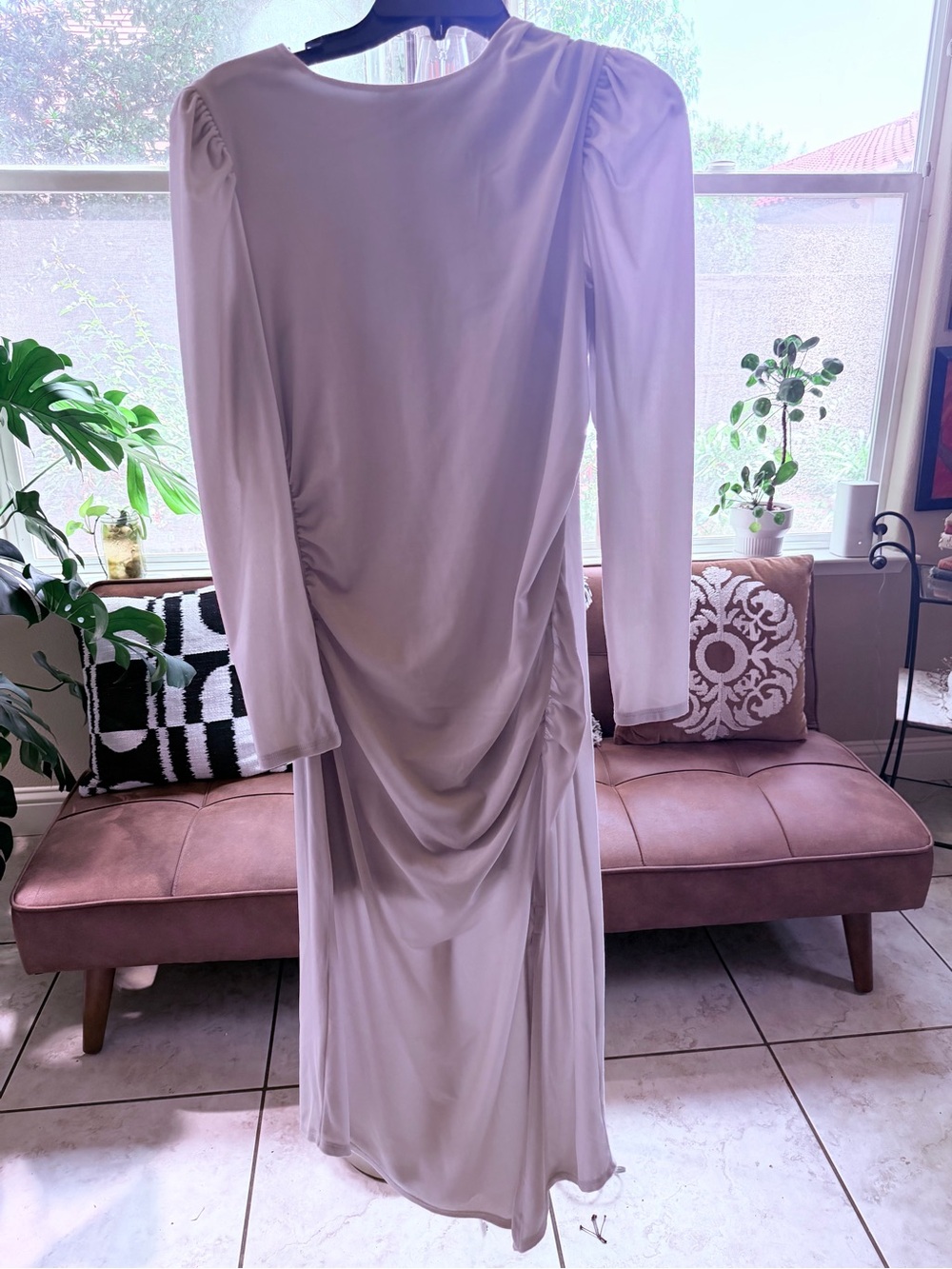 Express light grey velvet  Long Sleeve Ruched Maxi Dress
